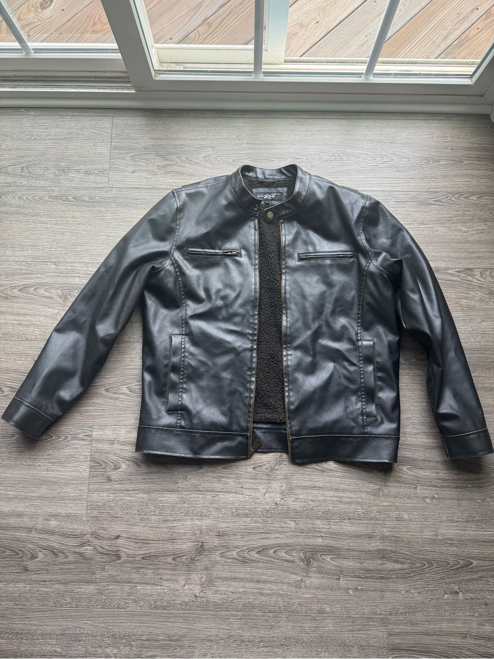 Black Rivet Black Faux Leather Bomber Jacket with Sherpa Trim
